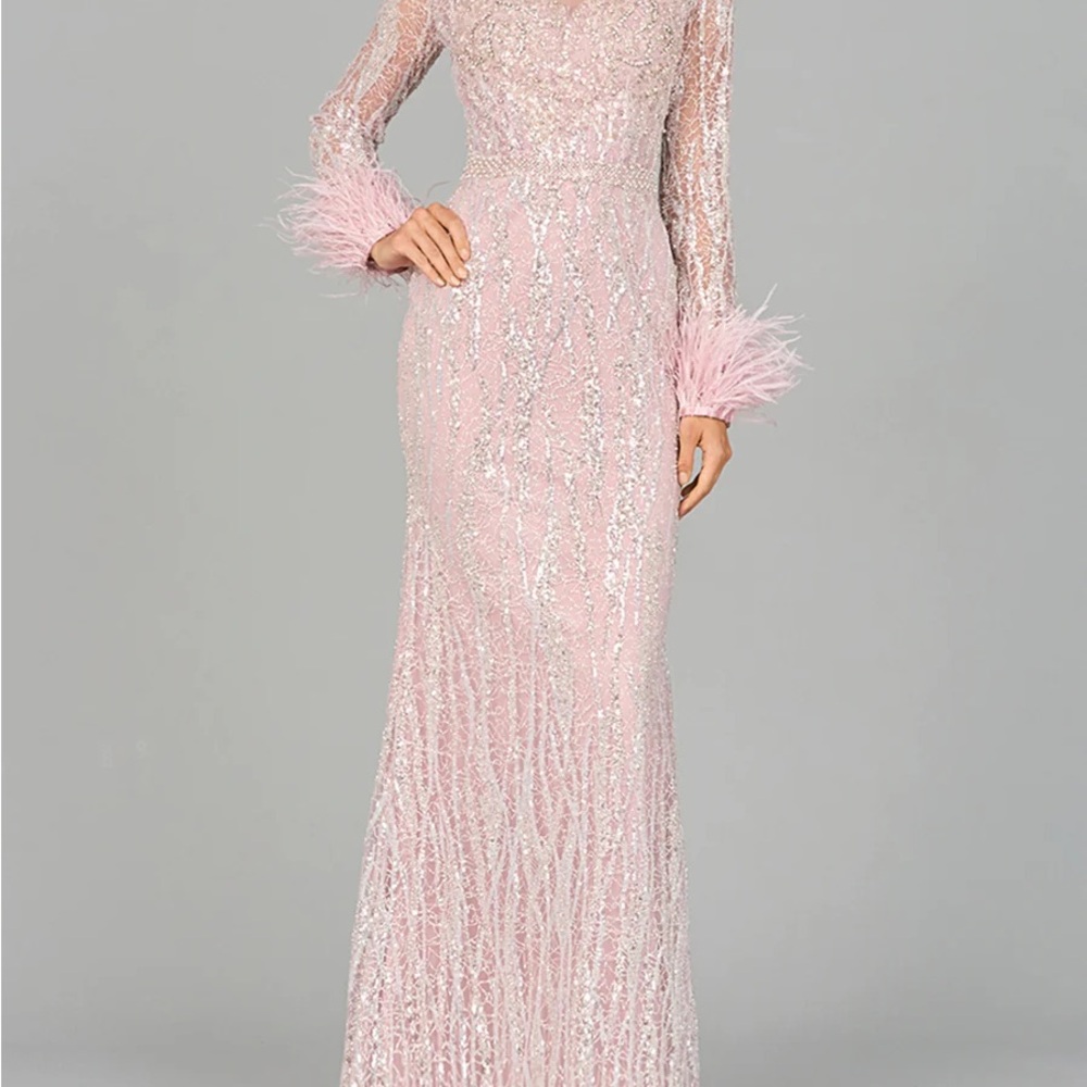 Lara NewYork LONG SLEEVE SHEATH GOWN WITH FEATHERS, Plus size evening gowns.
